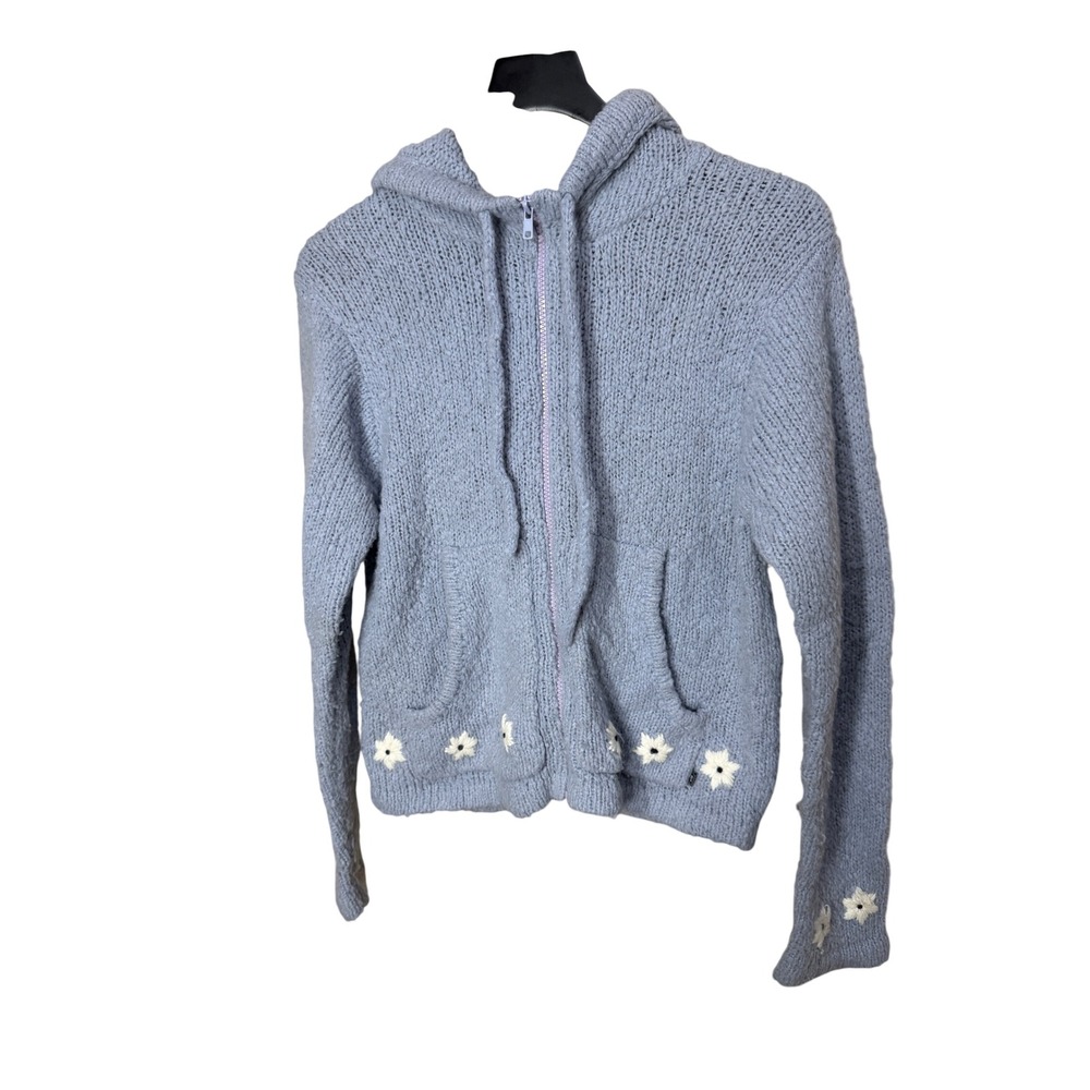 Roxy Vintage Blue Daisy Embroidered Wool Blend Zip Up Knit Hoodie Sweater Small